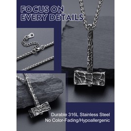 Bandmax Thors Hammer Pendant Necklace for Men Stainless Steel Viking Necklace Chain Nordic Retro Style Biker Necklace Gift for Men