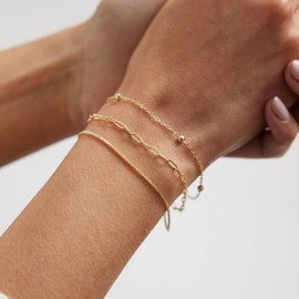 Sewyer Layered Gold Bracelets for Women 14K Layered Bracelets Set Paperclip Herringbone Chain Satellite Beaded Simple Bracelet Set Layering Bracelet Jewelry Gifts