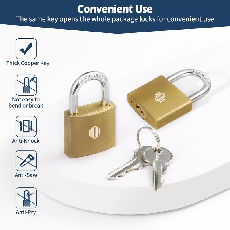 HOX 12-Pack Keyed Padlock, Waterproof and Rustproof, Solid Brass Lock