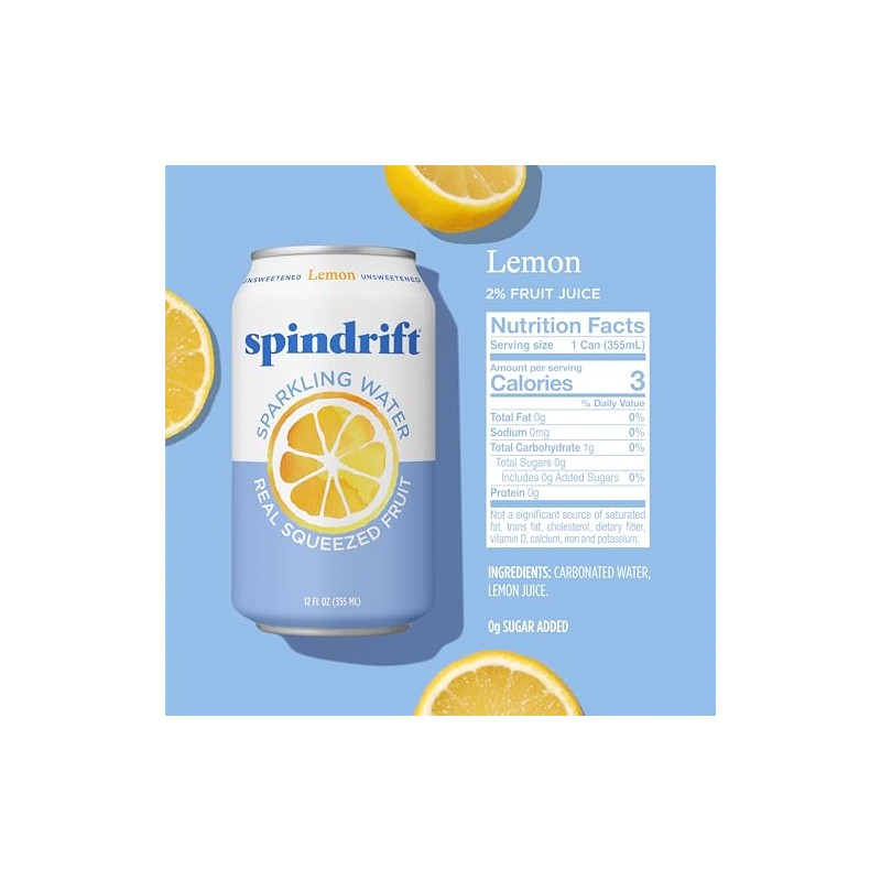 Spindrift , Agua Con Gas, Limón, 12 Oz, (Paquete De