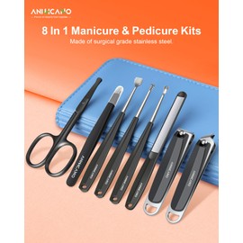 Manicure & Pedicure Kit, ANIHCANO Professional 8 in 1 Premium Stainless Steel Personal Care Tools Set with PU Leather Case (Black)