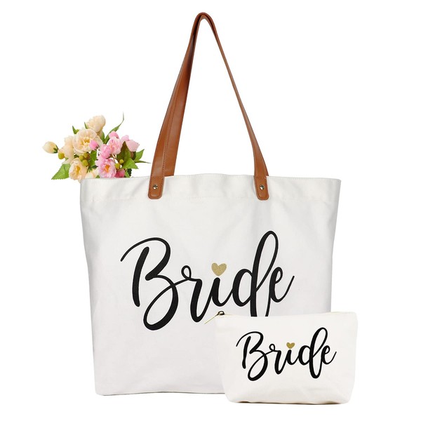 Bride Tote Bag with Makeup Bag, Gifts for Engagement/Bridal Shower/Bachelorette/Wedding Party Canvas White