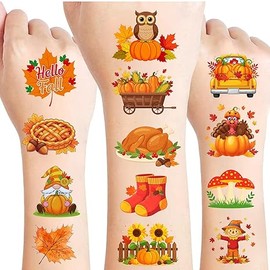50 PCS Fall Autumn Temporary Tattoos for Kids, Thanksgiving Themed Tattoos for Birthday Party Supplies Funny Pumpkin Leaves Tattoo Stickers for Boys Girls Party Bag Filler School Reward