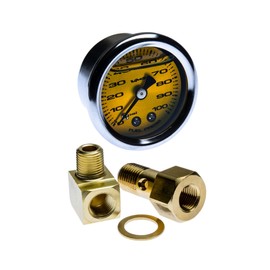 VMS RACING 0-100 PSI Liquid Filled Fuel Pressure Gauge with Adapters Kit in Yellow Face Black Numbers Compatible with Mitsubishi Eclipse Eagle Talon 89-99 1989-1999
