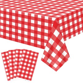 4 Pcs Red Plaid Tablecloth Plastic Red and White Checkered Tablecloths Waterproof Rectangle Red Gingham Tablecloth for Picnic Birthday Wedding Farm Holiday Christmas Parties, 52 x 86 in