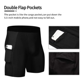 WRAGCFM - Pantalones cortos deportivos de compresión para hombre, con bolsillos, para correr, entrenamiento, ropa interior activa, Negro+Negro, Large