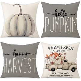 Fall Pillow Covers Thanksgiving Pillowcase, Set of 4 Thanksgiving Collection Linen Cushion Farmhouse Pillowcase, Autumn Pumpkin Grateful Harvest Cushion Case for Sofa Coach Cotton Linen 18x18 Inch
