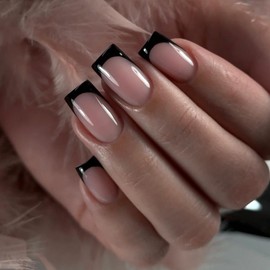 KQueenest 30 Pcs Black French Tip Press on Nails Medium Short Square Nails Press ons, Natural Nude Gel Fake Nails Acrylic, Glue on Nails with Design, Classy French Tip Nails for Women DIY Manicure