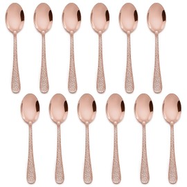 E-far 12-Piece Small Coffee Spoons, 6-Inch Stainless Steel Mini Espresso Spoons for Coffee/Sugar/Tea, Hammered Design & Rust Free, Mirror Finish-Copper