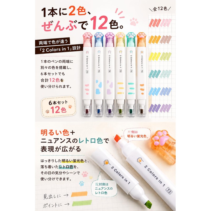 fogman Highlighter Marker Line Marker Cute Pastel Stationery 6-piece 12-color