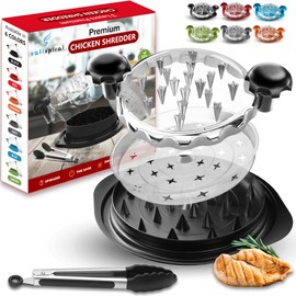 Chicken Shredder Tool Twist Large – 3 Layers Non Slip Meat Shredder with Removable Tray- Dishwasher Safe, Heat Resistant Chicken Breast Shredder with Handle & Serving Tong (Black)