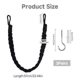 Curtain Tie Backs 2 Pack, Hand Knitting Curtain Tiebacks Cotton Rope Elegant Boho Style Curtain Ties with 2 Metal Hooks Soft Braided Drapery Drape Holdbacks for Home Office Decorative (Black)