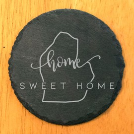 Rustic Slate Coasters Set of 4 - Laser Etched Michigan 'Home Sweet Home' Design - Perfect Gift for Holidays, Birthdays, Housewarming - 4" Round with Natural Edge - Made in Oregon, USA