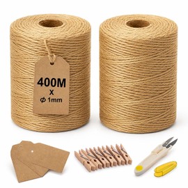 LMSAWK Set Spago di Juta 400 m, Cordino 1 mm, Spago da Imballaggio in Fibra di Juta per Giardinaggio, Macramè, Fai da Te, Nastro Regalo, Progetti DIY e Decorazione