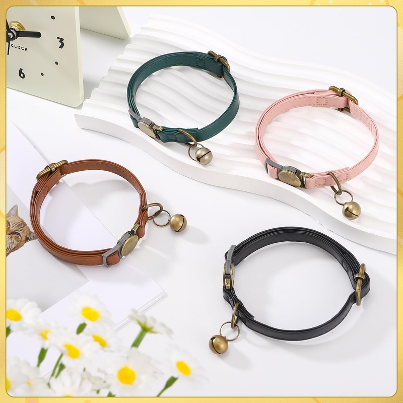 4 Pcs Leather Cat Collar Breakaway with Bell Adjustable Safety
