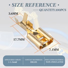Innfeeltech 100 Pcs Non-Insulated Brass Spade Crimp Terminals, Connector Width 6.3mm for Cable 1mm² to 1.5mm²