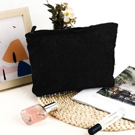 ZLFSQR Corduroy Makeup Bag for Women Preppy Large Capacity Black Cosmetic Bag Travel Toiletry Organizer Pouch for Purse Zipper Makeup Brushes Storage Tote Bag Cute Y2K Aesthetic Essentials Bag Gifts