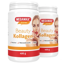 Megamax Nutrition - 2x400 g - Beauty Kollagen Pulver - mit Biotin Vitamin Komplex - Orangengeschmack - Für Haut Haare Nägel Bindegewebe Gelenke Muskeln Knochen - hochwertiges Collagen Hydrolysat