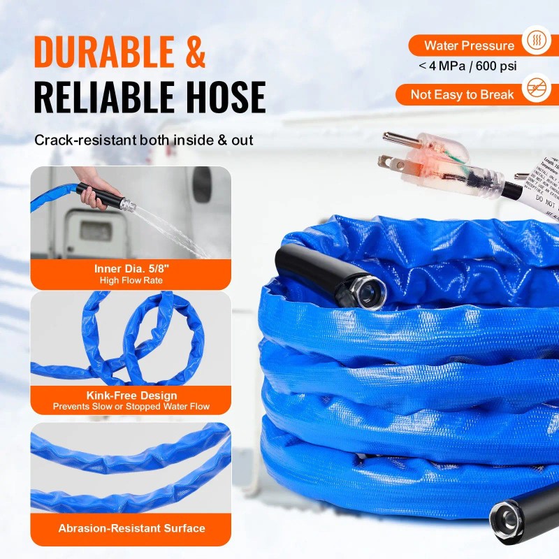 30ft Heated RV Water Hose Corrugated Cover Antifreeze Automatic Self-Regulating