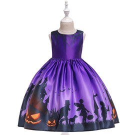 FMYFWY - Disfraz de Halloween con sombrero de bruja para niñas, fiesta de disfraces, disfraz de vestido con diseño de calabaza, fantasma, calavera