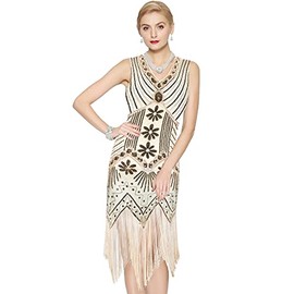 Metme Women's Flapper Dress 1920s V Neck Beaded Fringed Roaring 20s Sequins Dress Apricot