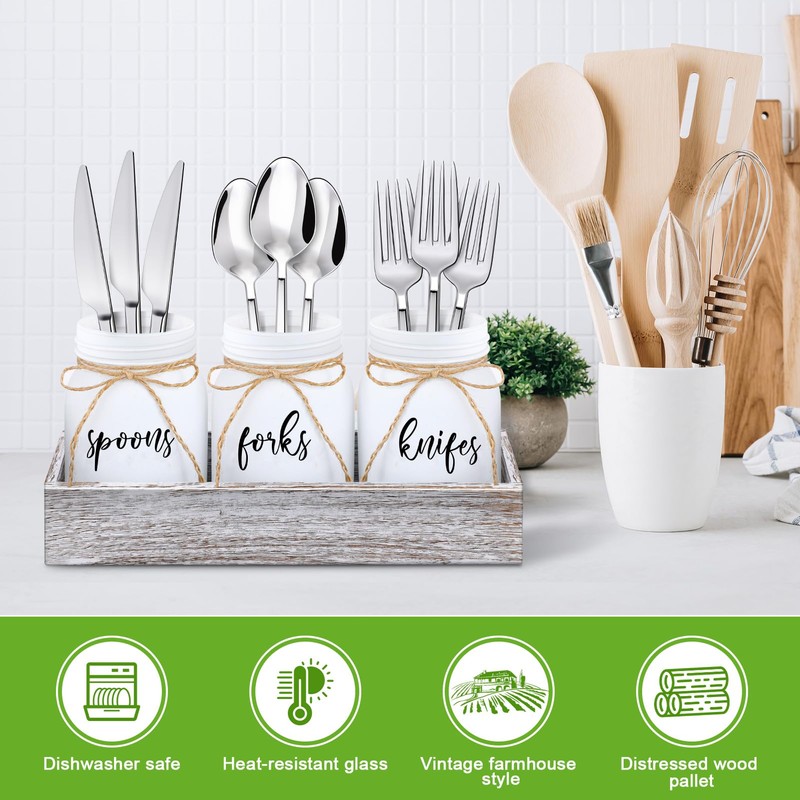 Tiangrid 4 Pcs Mason Jar Utensil Holder Silverware Caddy Glass