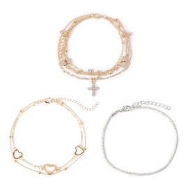 SSKHE 3Pcs Ankle Bracelets for Women,Sparkling Adjustable Beach Waterproof Anklets Layered Heart Pendant Anklets Silver Gold Anklets Boho Double Anklets