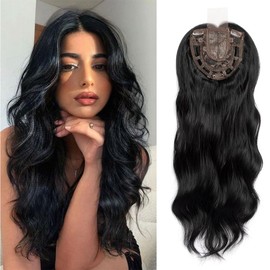 Lace Front Hair Body Wavy Topper Big Base Cover Thinning/White Hair Clip in Toppers Fiber Wiglets with Fringe (Natural Black)