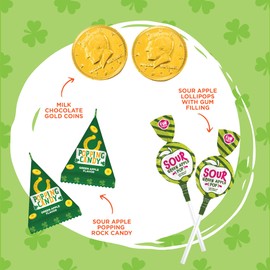 St Patrick's Day Candy Assortment - 3 Pound Bulk Pack - Milk Chocolate Gold Coins, Sour Apple Popping Rocks and Gum Filled Lollipops - Individually Wrapped Party Favors