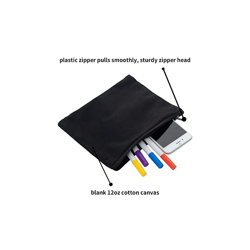 Aspire 6-Pack Black 12oz Cotton Canvas Zipper Bags Pen/Pencil Cases