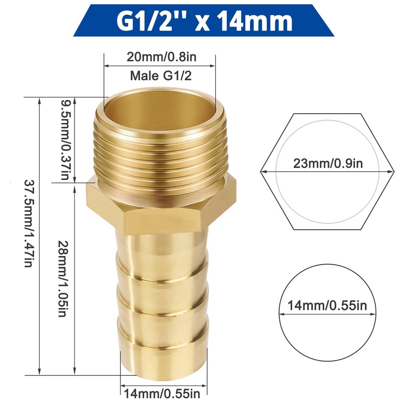 Brass Pipe Adapter, 6 Pieces 12 mm Barb x 1/2