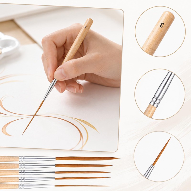 Matwsec 5 PCS Long Liner Brushes Natural Wood Detail Paint