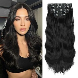 Black Clip in Wavy Hair Extension for Women Add Length(5Pcs 20" Black)