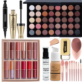 All in One Makeup Set,Cosmetic Make up Gift Set for Women Beginners,Includes Eyeshadow Palette Foundation & Face Primer Eyeliner Stamp lip gloss Set Eyebrow Soap Makeup Sponge brushes Set