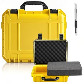Relaxweex 14.3 x 11.4 x 4.5 Inch Waterproof Hard Case with DIY Customizable Foam Insert Portable Protective Case with Knife for Camera Drones Equipments Tools Test Instruments (Yellow)