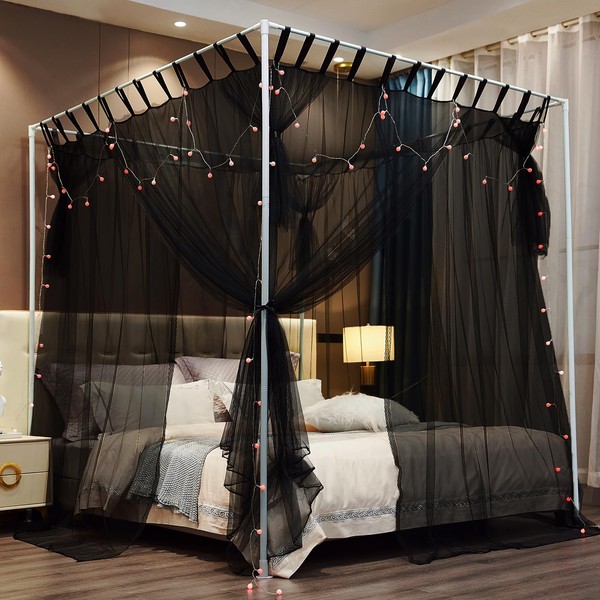 4 Corners Post Bed Canopy Curtain Mosquito Net Bed Canopy, Queen King Bed Tent Netting, Elegant Bed Curtains for Girls Adults Bedroom Decor (Black, Queen)