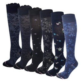 6 Pairs Pack Women Dr Motion Graduated Compression Knee High Socks (Assorted Floral)