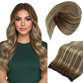 Sunny Hair Micro Beaded Weft Hair Extensions Human Hair Brown Blonde Bead Weft Human Hair Extensions Dark Roots to Light Brown Blonde Hair Weft Beaded Extensions 20inch 50g