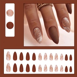 24Pcs Brown Matte Press on Nails Medium Almond Fake Nails with Gold Line Design Blooming Stick on Nails Reusable Artificial Nails Glossy Full Cover Glue on Nails for Women Girls Decorations