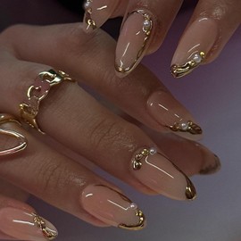 Chrome Gold Press on Nails Medium Almond Stick on Nails Gold French Tip Fake Nails 3D Gilded False Nails with Pearls Rhinestones Designs Acrylic Nails for Women DIY Manicure Charms Decor Supply 24Pcs