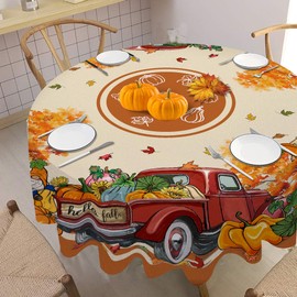 JNDJE Fall Round Tablecloth 60 Inch, Autumn Decor Pumpkin Red Truck Orange Tablecloths Polyester Vintage for Picnic Party Dinner Thanksgiving