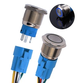 JIQI 2 x 19 mm Momentary Metal Push Button Switch 12 V to 24 V 3 A Momentary Push Button Switch with Blue LED Light IP66 1NO1NC Button End Waterproof Pre-Wired Push Button for Boat Truck RV Car (Blue)