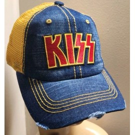 Kiss Hat Distressed Ball Cap Hat Denim & Wheat Mesh Hat
