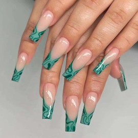 YoYoee Long Coffin False Nails Green Press on Nails French Fake Nails Acrylic Ballerina Nails Tips for Women and Girls 24PCS