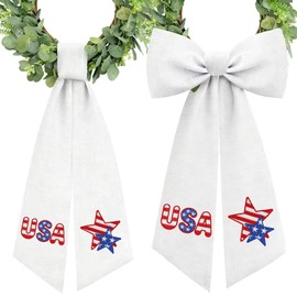 2 Pcs 4th of July Wreath Sash Stripes Stars for Front Door Embroidery Ribbon Sash Independence Day Patriotic for Yard Porch Doorway Decor Outdoor Party Decoration