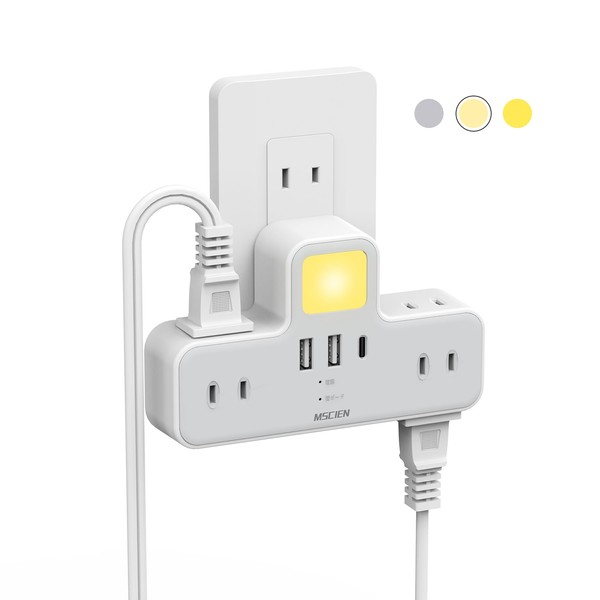 MSCIEN Female LED Night Light, USB Outlet, Power Strip Included, USB 1, USB-c, 2 x USB-A, 6 AC Outlets, USB-C Outlet Tap, Lightning Guard, Branching, Oa Tap, Direct Plug Outlet, Swing Plug, Multi-Tap, Charging Tap, Stylish, Footlight, Adjustable Brightne