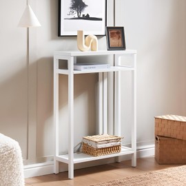 Kings Brand Furniture Narrow Console Sofa Table with Storage Shelves, Accent Side Table for Bedroom, Entryway, Hallway, Living Room, Foyer, White