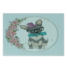 Lunarable Animals Cutting Board, Vintage Design Animal Dog Puppy Art Design Floral Heart Flowers, Decorative Tempered Glass Cutting and Serving Board, Small Size, Pale Blue Pale Pink