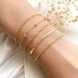 Gold Bracelets for Women Waterproof, 14K Real Gold Bracelet Jewelry Sets for Women Trendy Thin Dainty Stackable Beaded Paperclip Chain Bracelet Pack Accessories Gifts