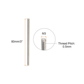 Rebower Fully Threaded Rod 304 Stainless Steel Rod Bar Studs, [for Clamps and U-Bolts] - M3 x 80mm Male Threaded 0.5mm Pitch/Silver/10Pack